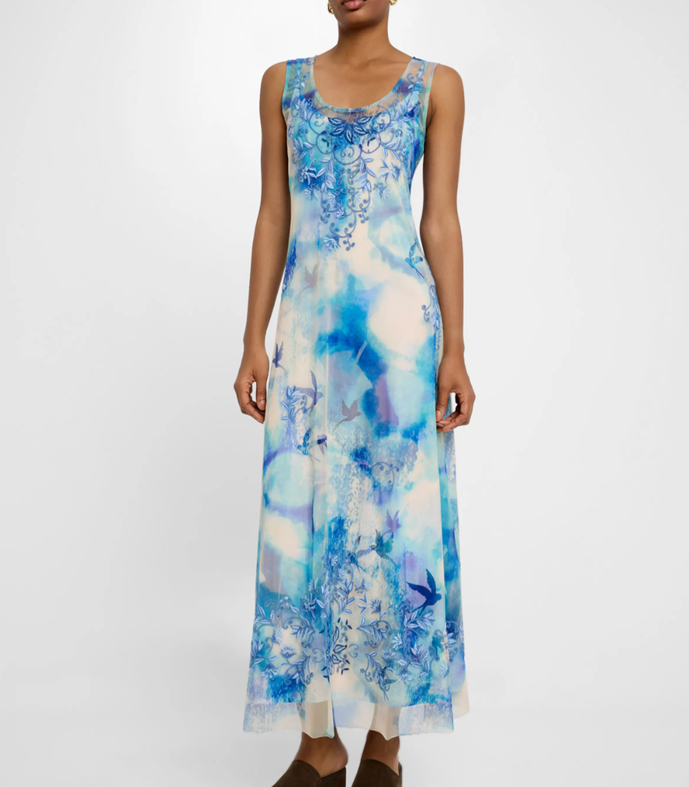 Johnny Was Makani Floral-Embroidered Mesh Midi Dress