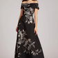 Teri Jon by Rickie Freeman Off-Shoulder Metallic Flower Jacquard Gown