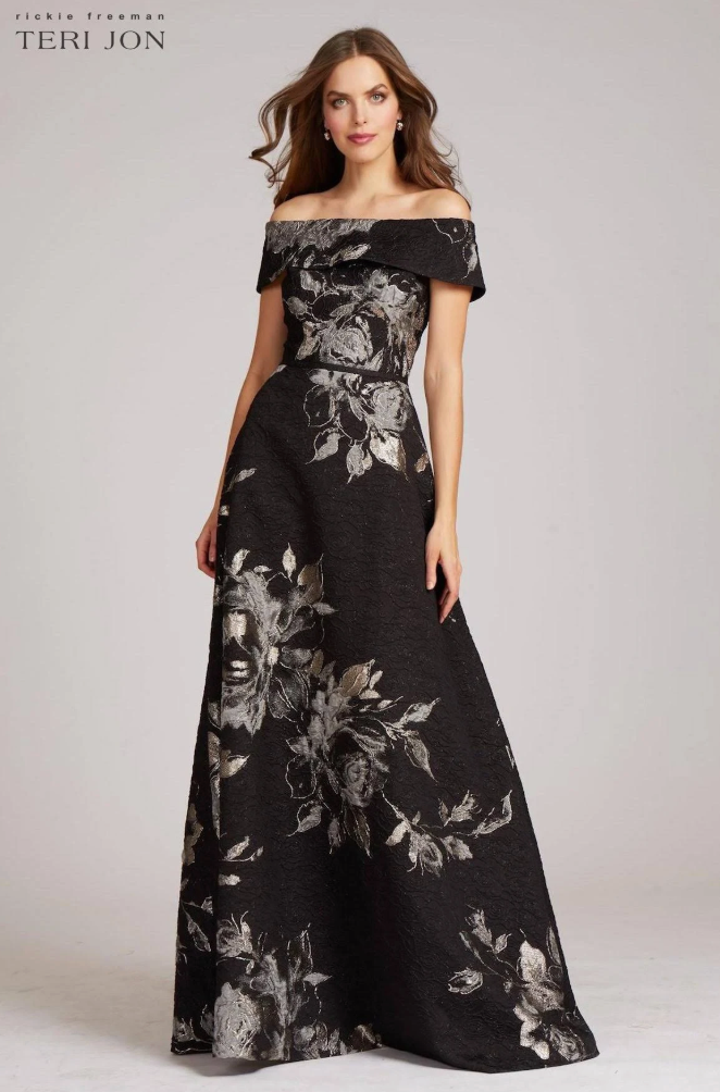Teri Jon by Rickie Freeman Off-Shoulder Metallic Flower Jacquard Gown