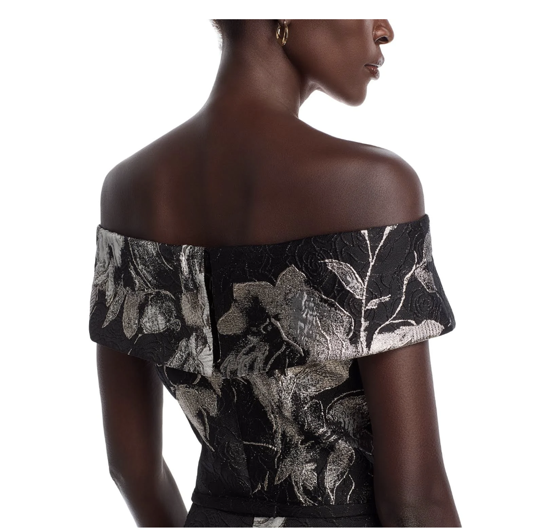 Teri Jon by Rickie Freeman Off-Shoulder Metallic Flower Jacquard Gown
