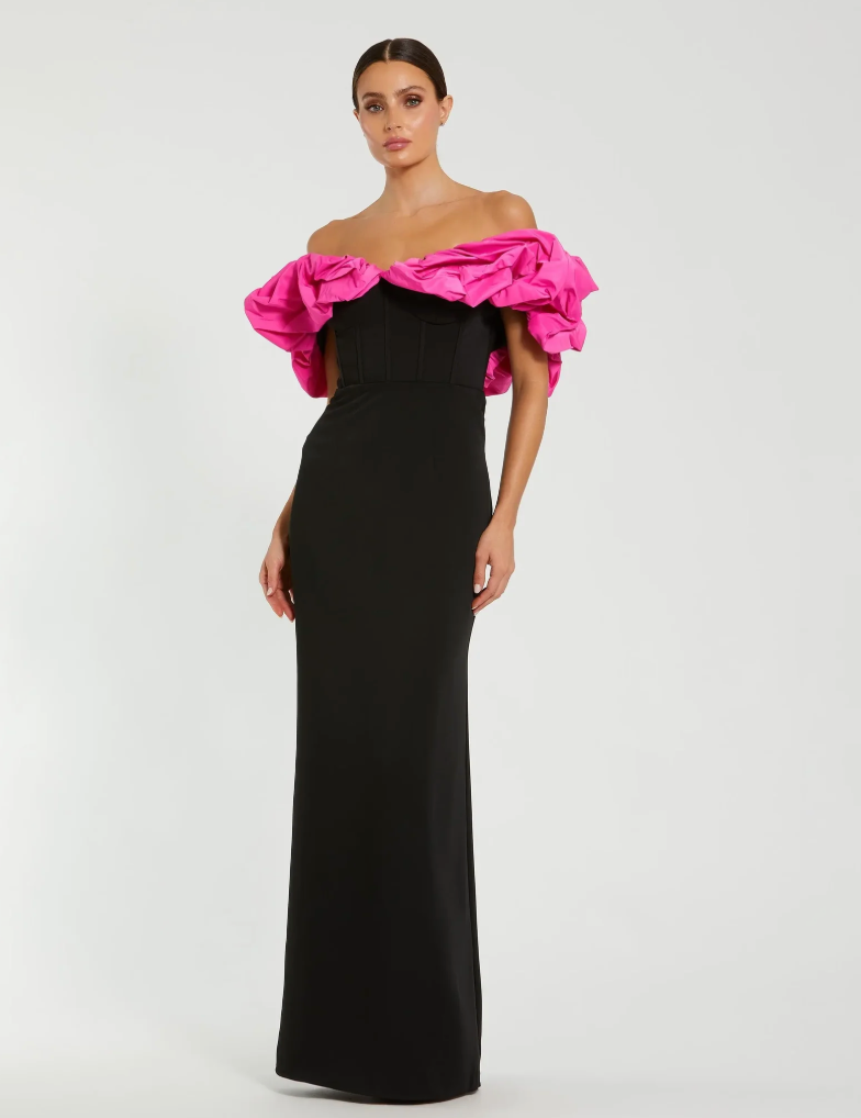 Mac Duggal Black Crepe & Faille Off The Shoulder Gown