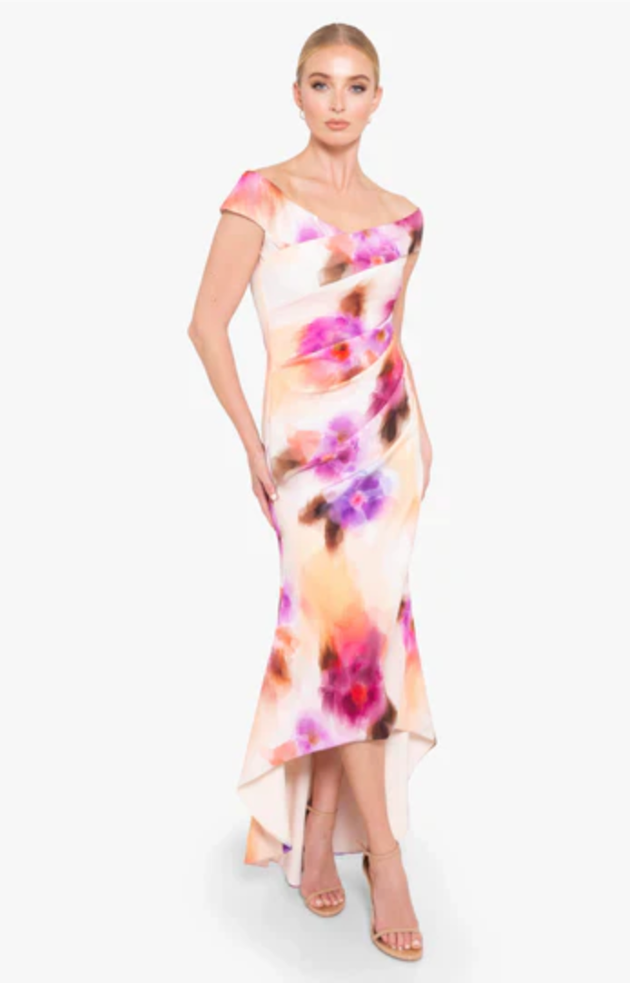 Black Halo EVE Brielle Off-The-Shoulder Slim Hi-Low Dress