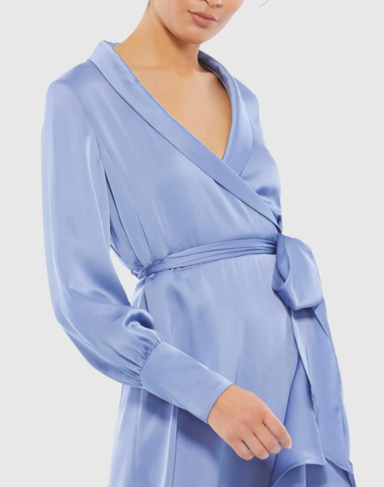 Mac Duggal Long Sleeve Faux Wrap Midi Dress