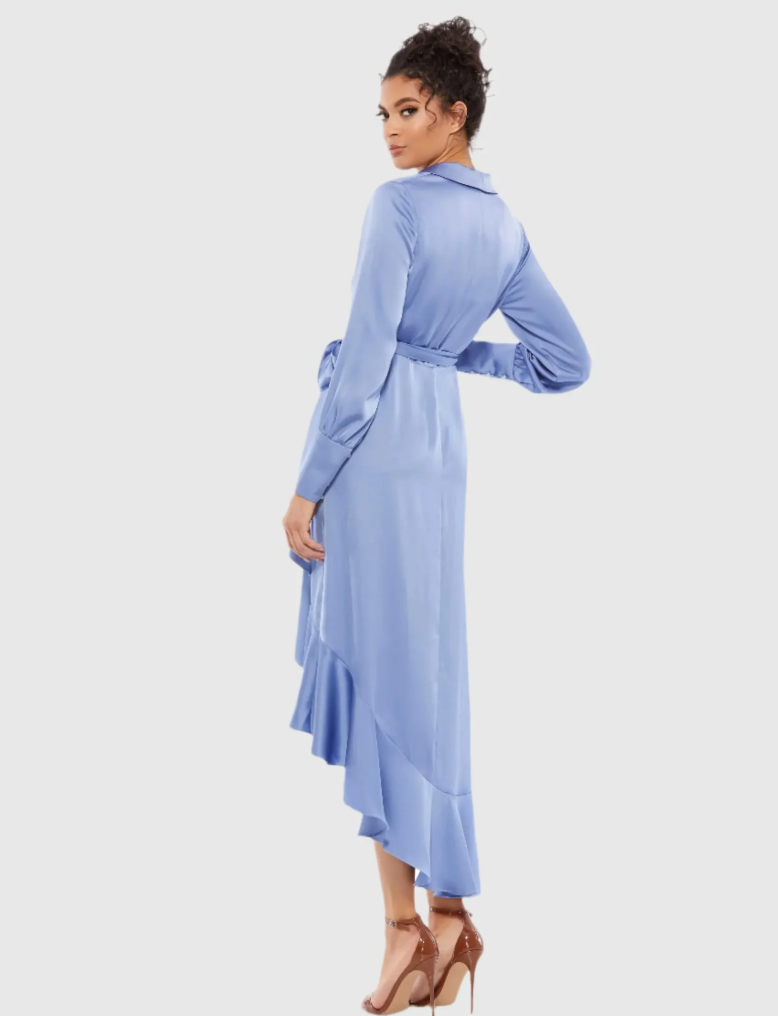 Mac Duggal Long Sleeve Faux Wrap Midi Dress