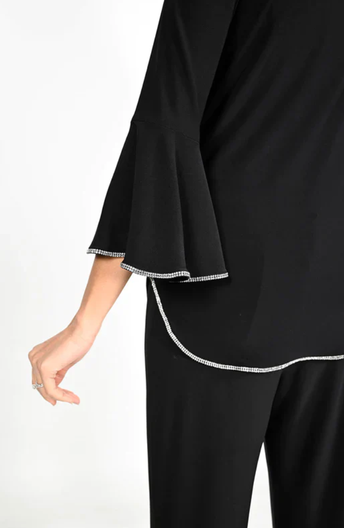 Frank Lyman Bianca Black Ruffled Crew Neck Pullover Style Crystal Top