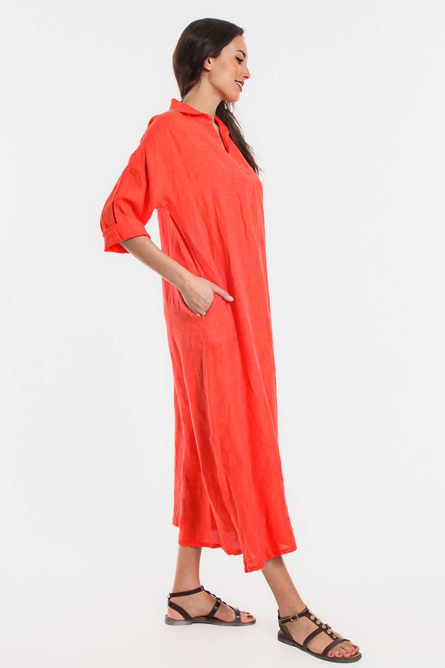 TINA Stephens Italy/Tees By Tina - Fernanda Open Collar Linen Dress (DQ107)
