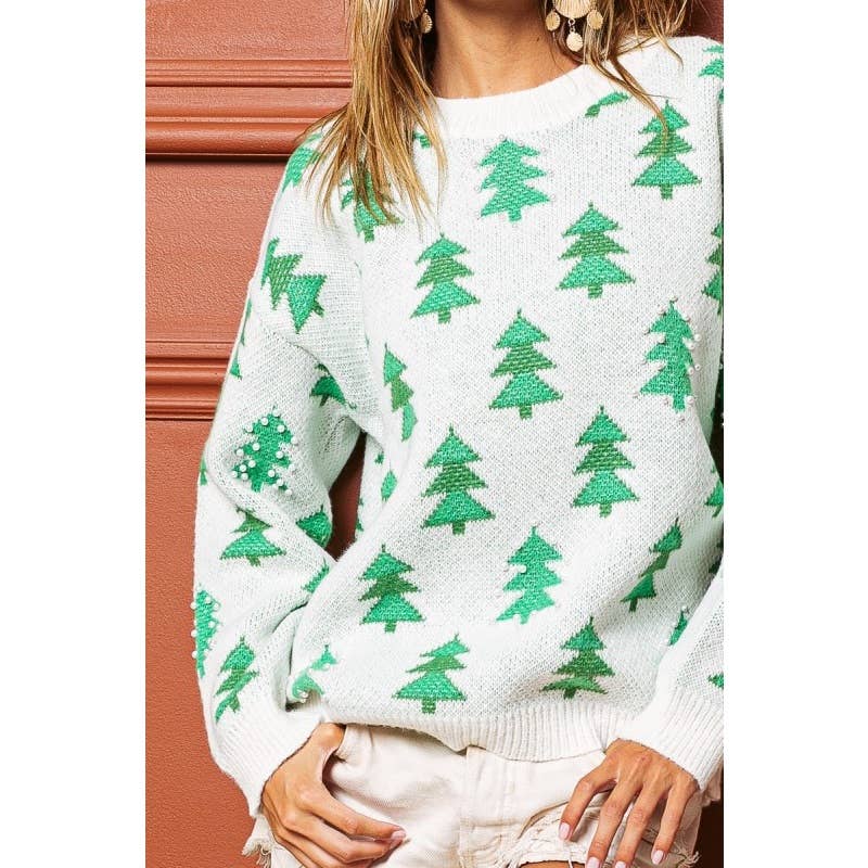 Bibi Pearl Beads Tree Pattern Christmas Sweater