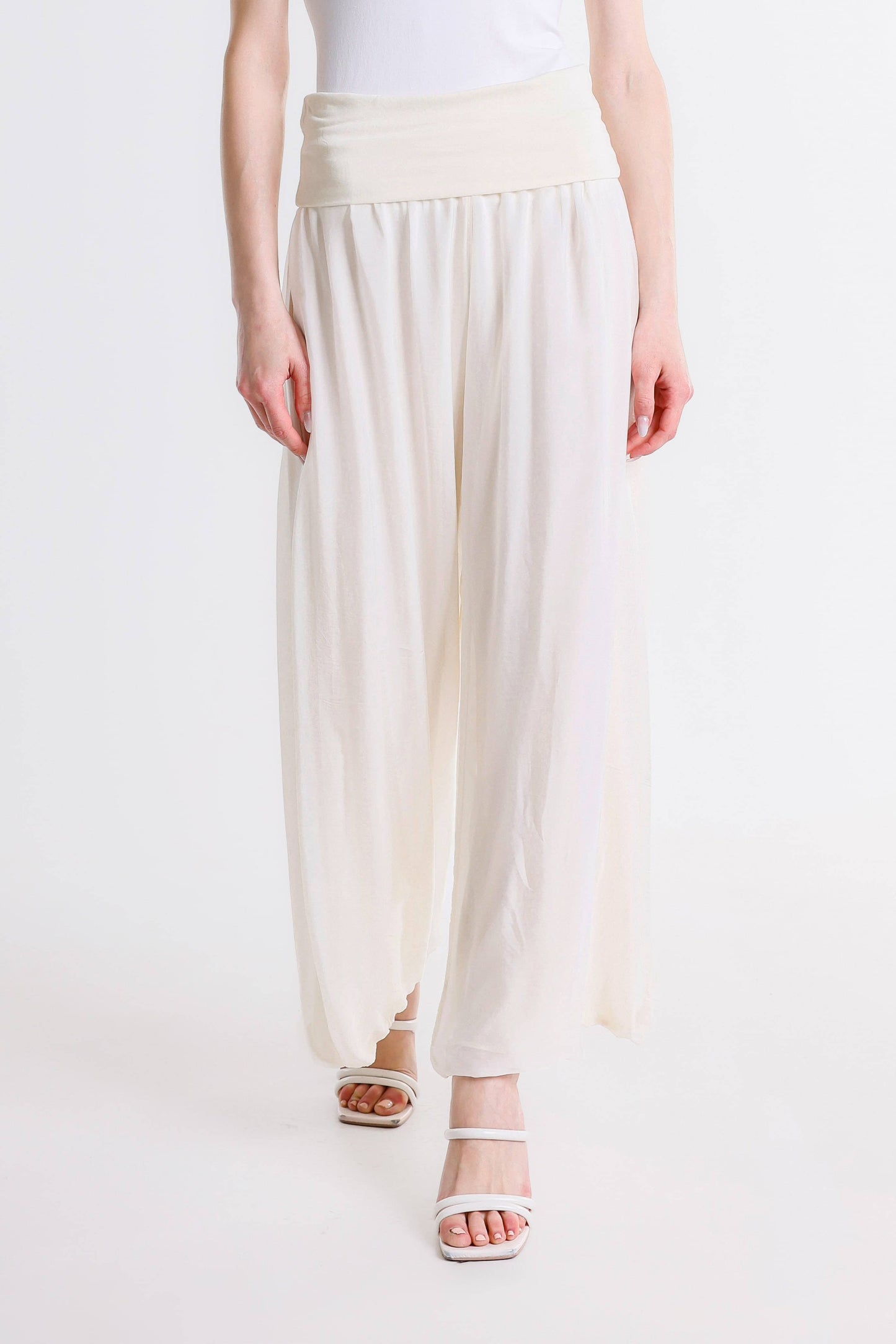 TINA Stephens Italy/Tees By Tina - Mercedes Foldover Waist Silk Pant (PL203): 100 White / One Size