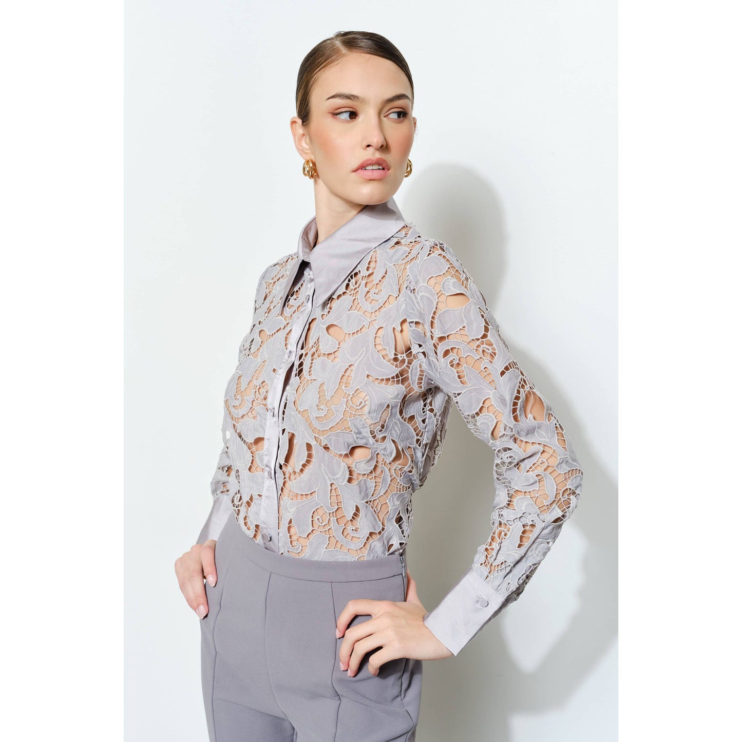 INA - Luxe Satin Contrast Collar Lace Button Down Blouse