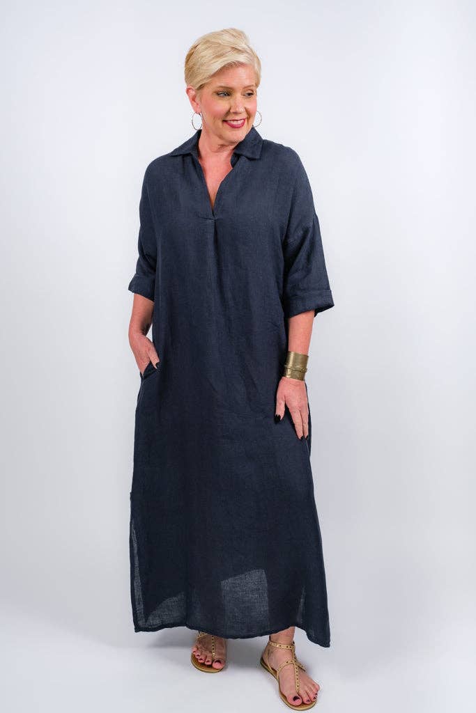TINA Stephens Italy/Tees By Tina - Fernanda Open Collar Linen Dress (DQ107)