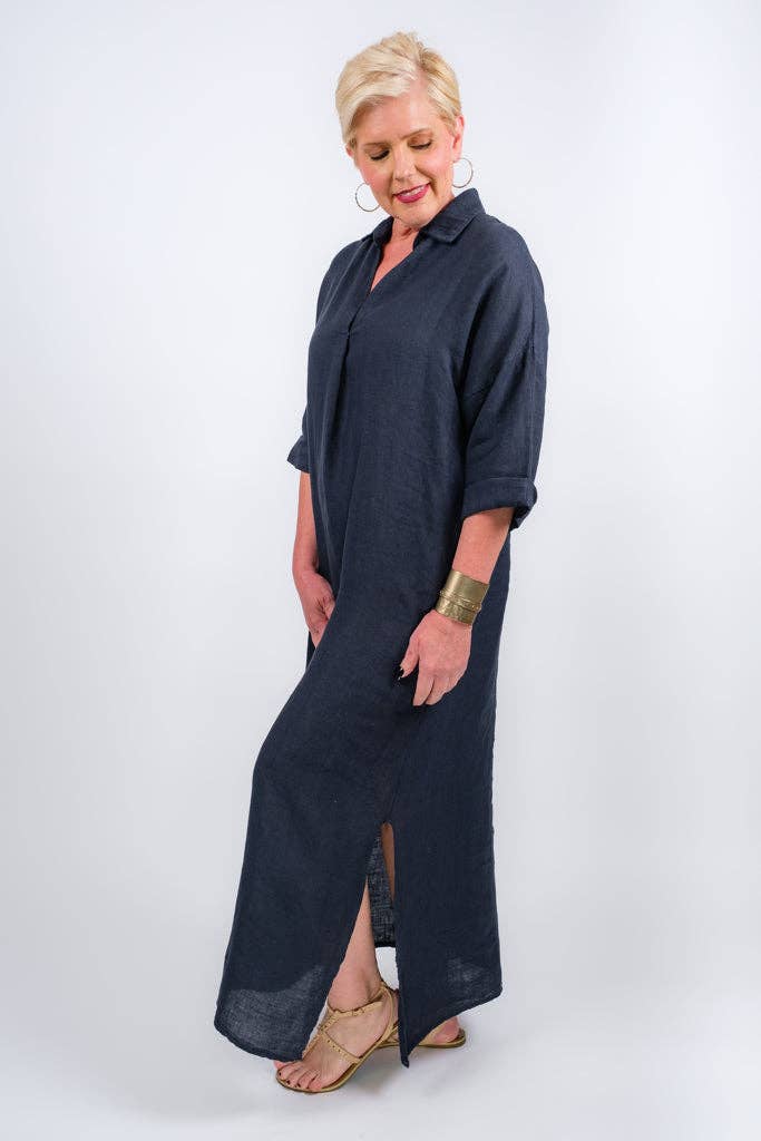 TINA Stephens Italy/Tees By Tina - Fernanda Open Collar Linen Dress (DQ107)