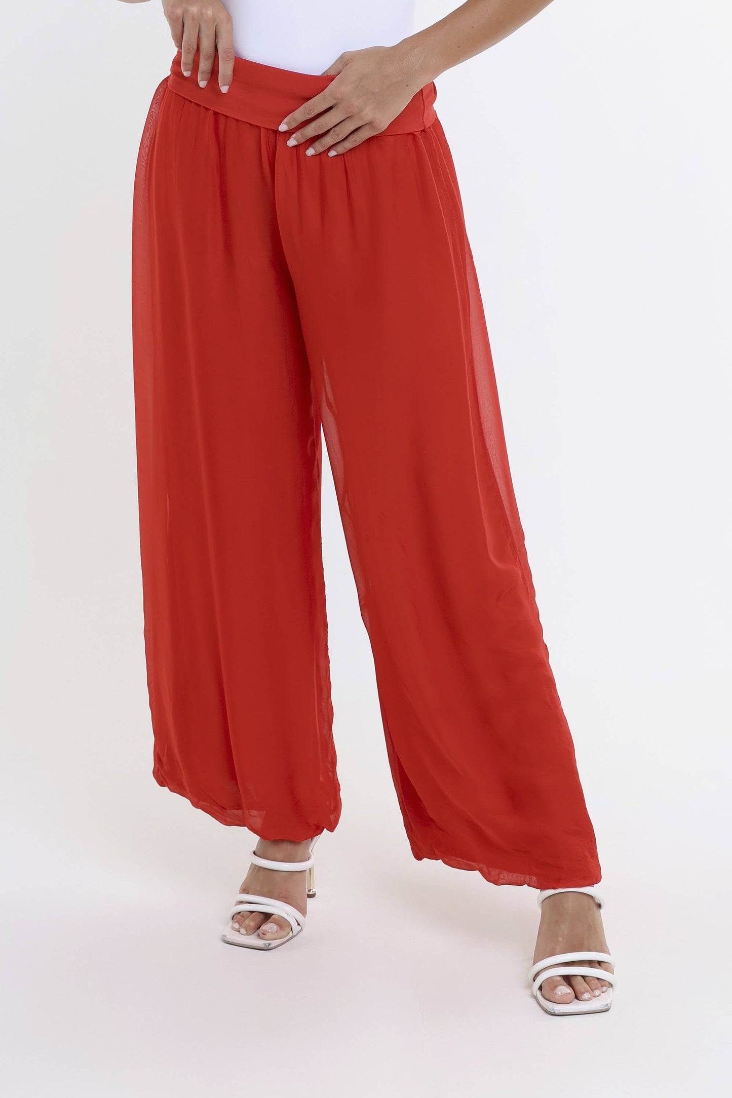 TINA Stephens Italy/Tees By Tina - Mercedes Foldover Waist Silk Pant (PL203): 100 White / One Size