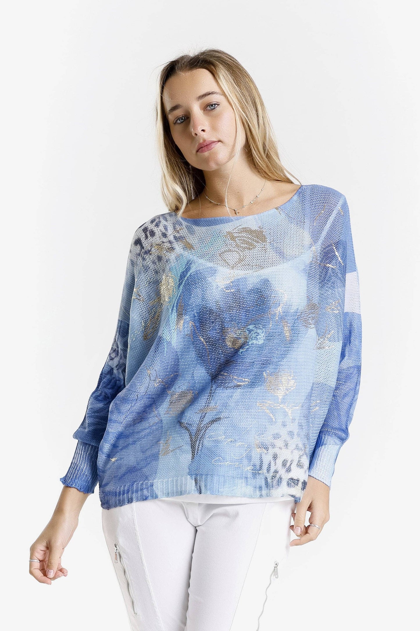 TINA Stephens Italy/Tees By Tina - Circle Flower Danielle Batwing Open Knit Sweater (BLS424CF)