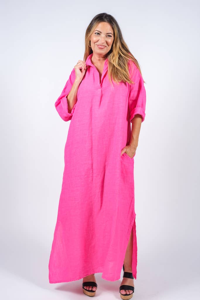 TINA Stephens Italy/Tees By Tina - Fernanda Open Collar Linen Dress (DQ107)