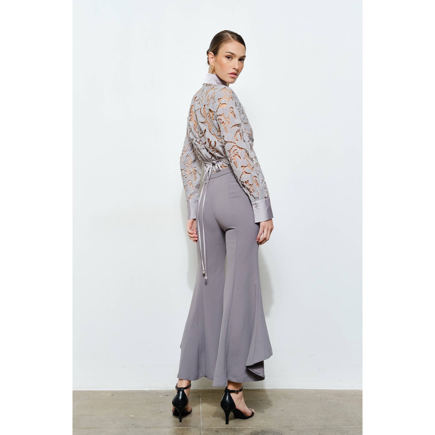 INA - Luxe Satin Contrast Collar Lace Button Down Blouse