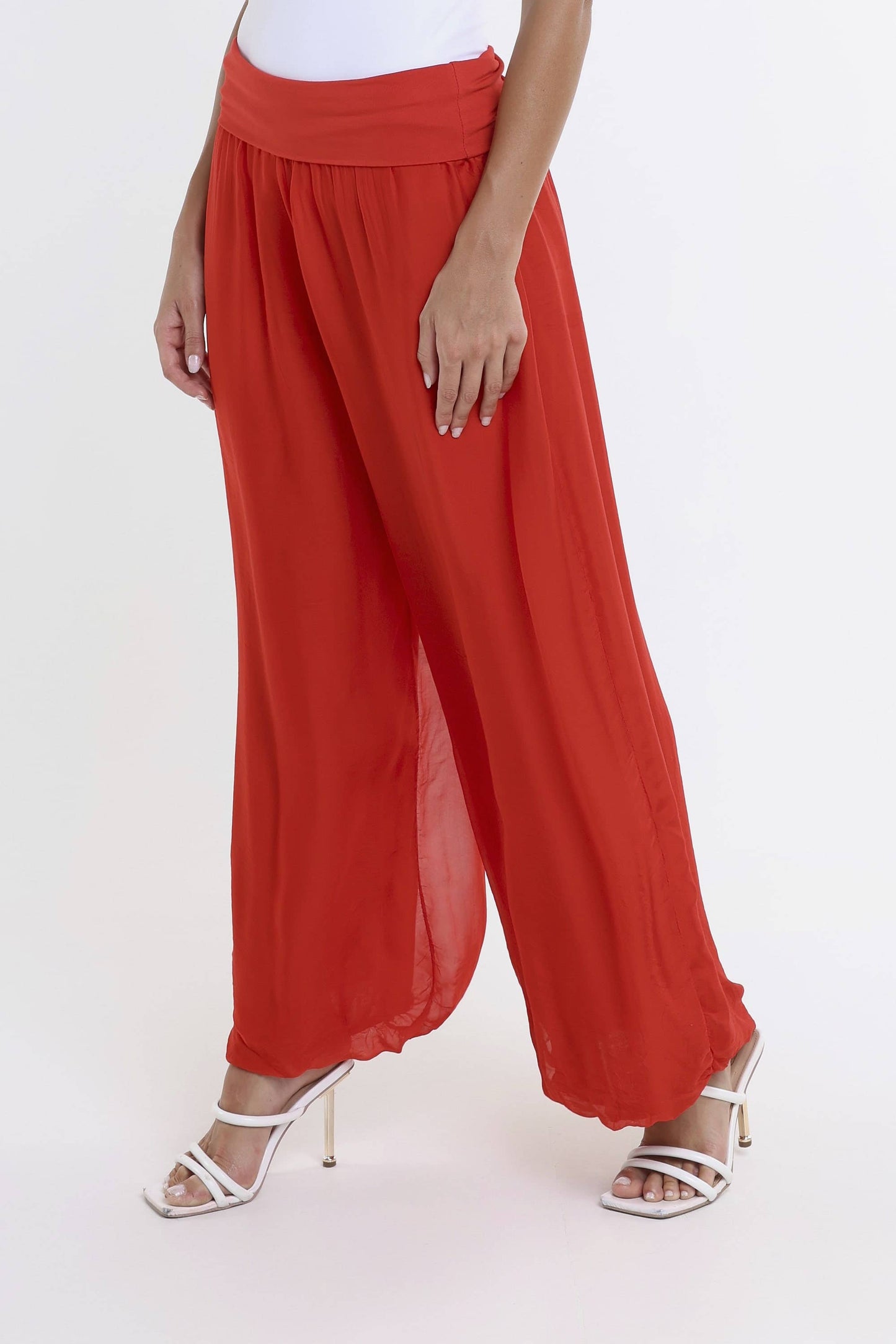 TINA Stephens Italy/Tees By Tina - Mercedes Foldover Waist Silk Pant (PL203): 100 White / One Size