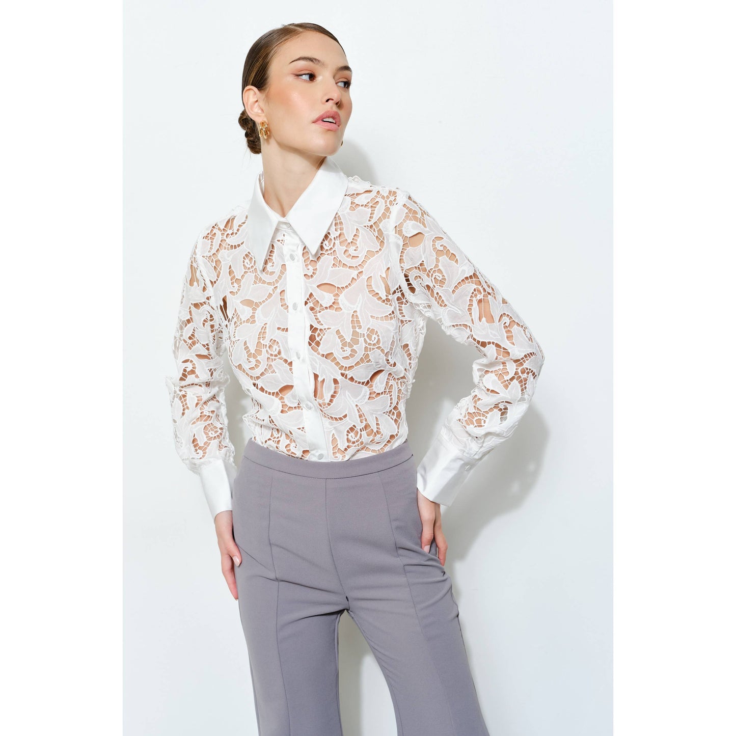 INA - Luxe Satin Contrast Collar Lace Button Down Blouse