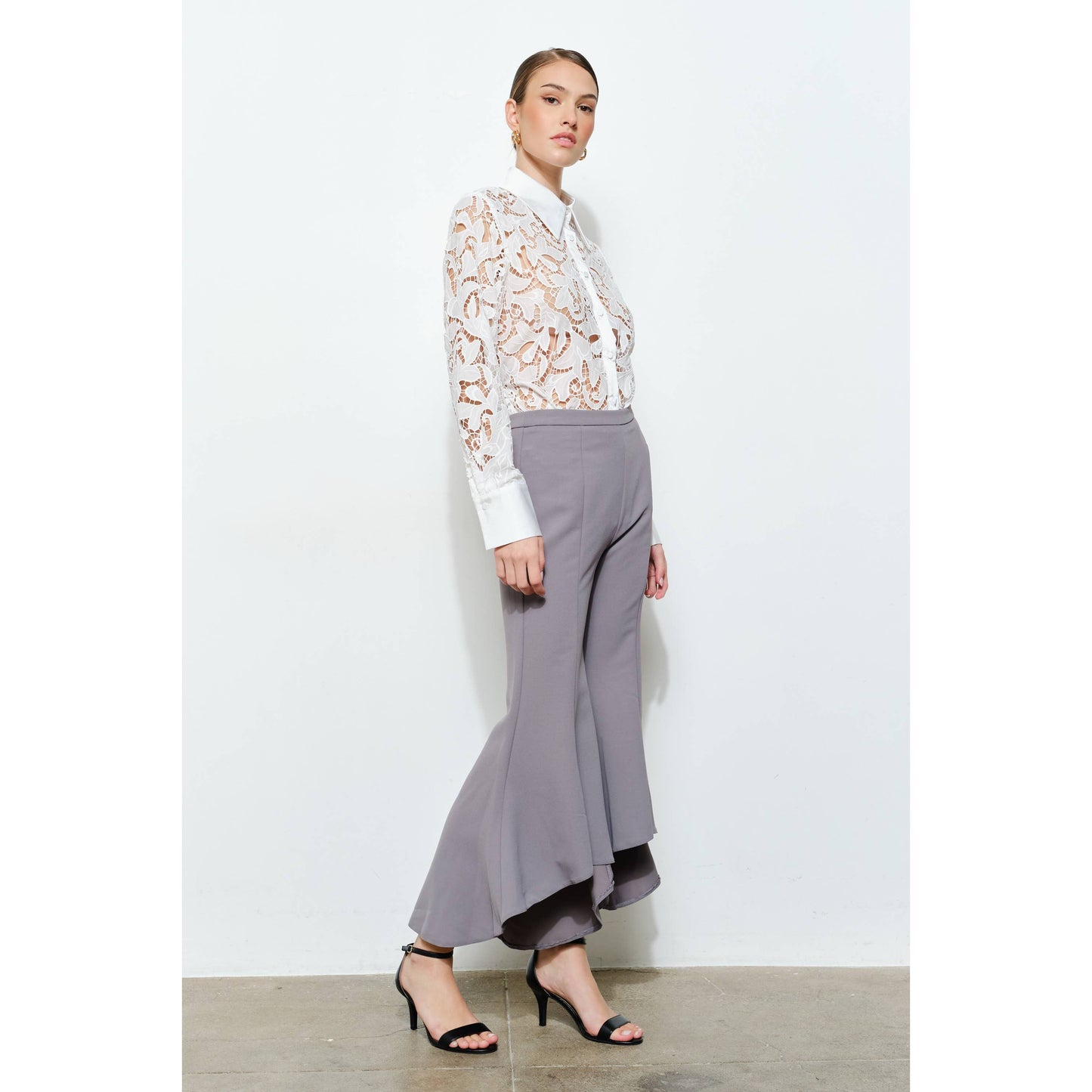 INA - Luxe Satin Contrast Collar Lace Button Down Blouse