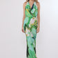 Betsy & Adam Solana Satin Print V Neck Floor Length Dress